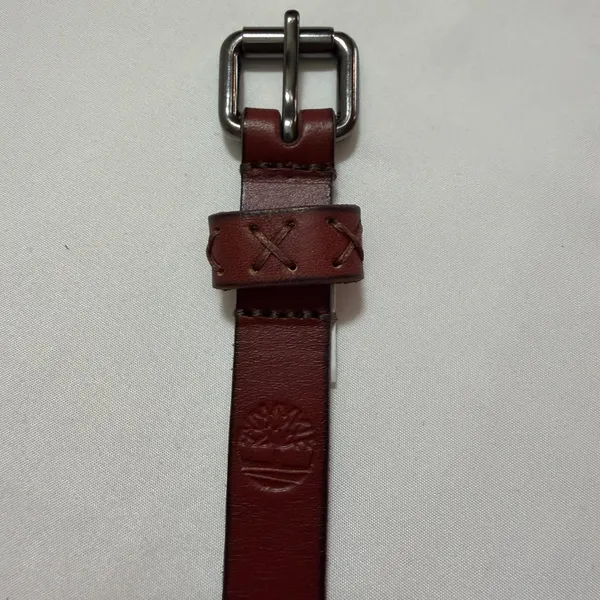 Timberland Brown Leather Belt Skinny Waist X-Stitch Keeper Logo Size M Mahogany - Image 3