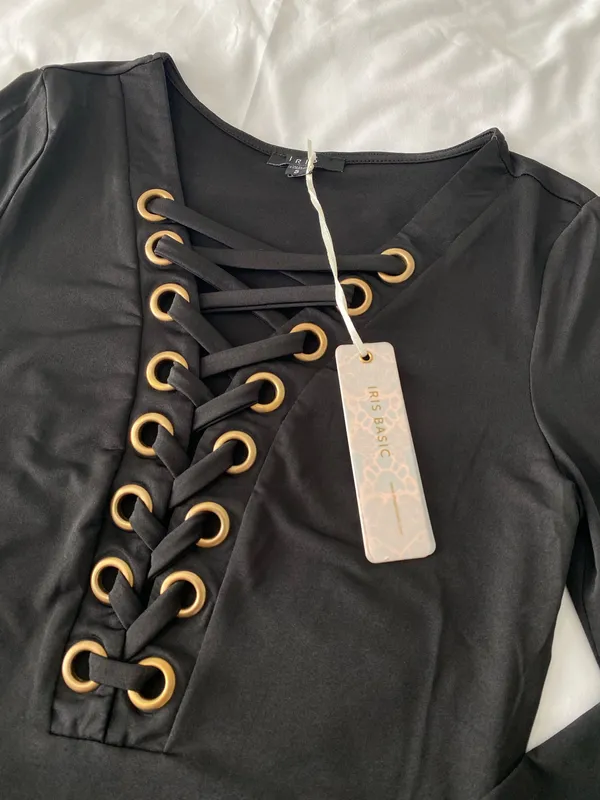Black Lace Up Long Sleeve Bodysuit - Image 3