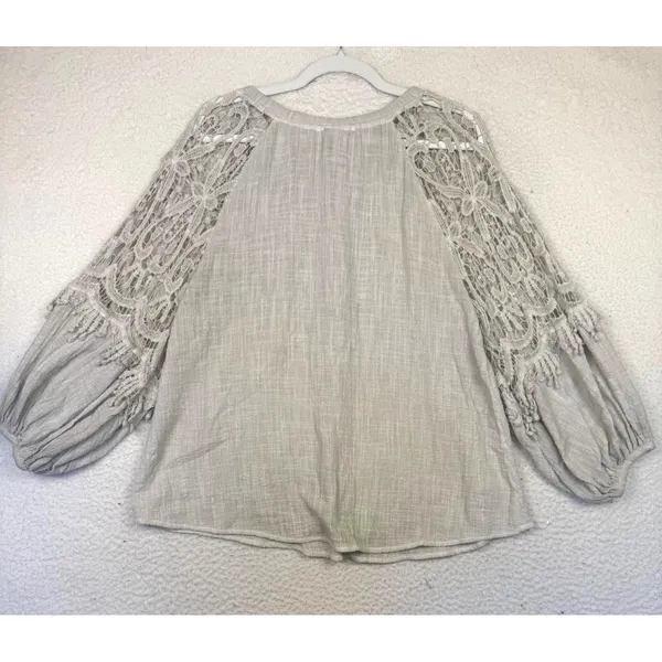 XCVI‎ Blouse Womens XS Beige Crochet Sleeve Tassel Tie Boho Peasant Tunic Top - Image 2