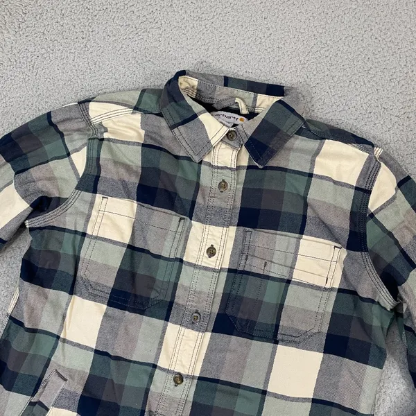 Carhartt Fleece Lined Flannel Shirt Women S Green Plaid Workwear Button Shacket - Image 3