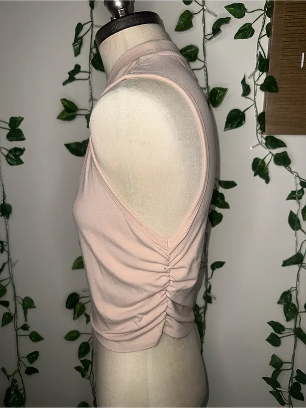 CIDER Beige Sleeveless High Neck Ruched Tank Top - Image 11