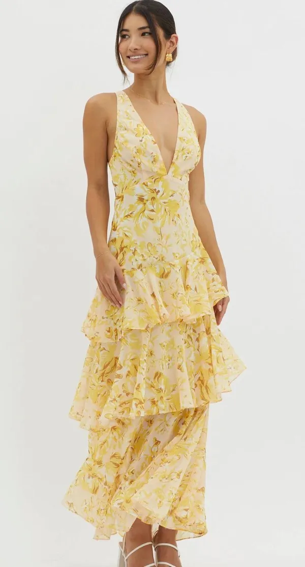 One And Only Collective Yellow Floral Ruffle Open Back Dress - Image 2