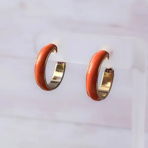 Vintage Clip On Earrings Retro Darker Shade of Orange & Gold Tone Hoops 1" - Image 2