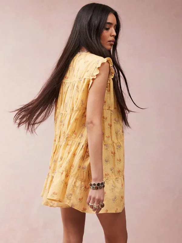 Free People Bohemian Prairie Sundown Mini Dress Tunic Top Sunshine Combo Large - Image 2