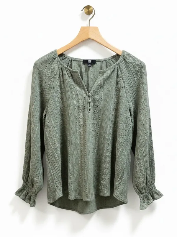 Frye Textured Long Sleeve Peasant Blouse Boho Western Eyelet top green sage Med - Image 2