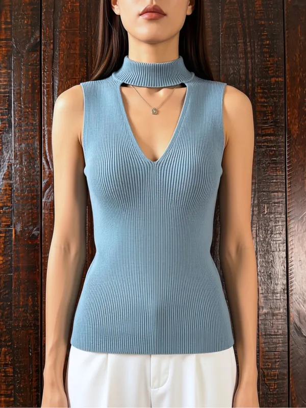 GUESS Ribbed Sleeveless V-cutout Sweater Top in Dusty Teal - Image 4