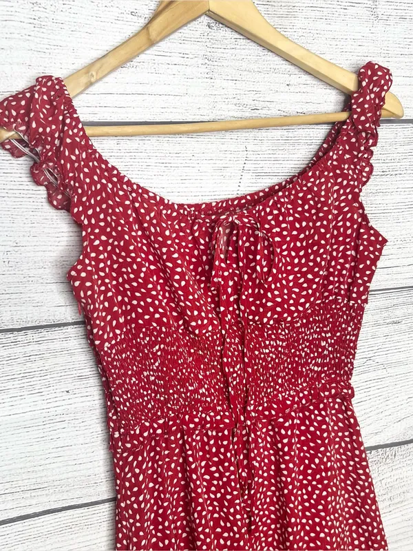 Red & White Polka Dot Smocked Sleeveless Mini Dress with Ruffle Hem Size Small - Image 4