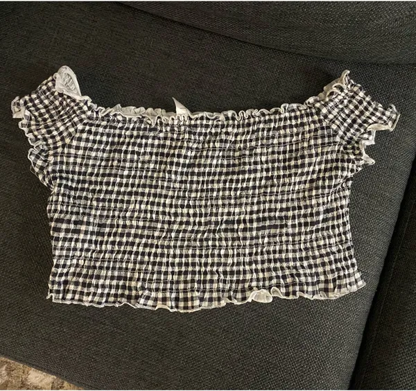 Black And White Plaid Checkered Off The Shoulder Smocked Crop Top - Image 4