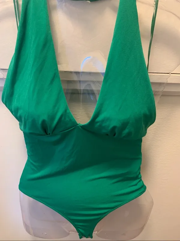 stradivarius Emerald Green Plunge Halter Bodysuit - Image 3