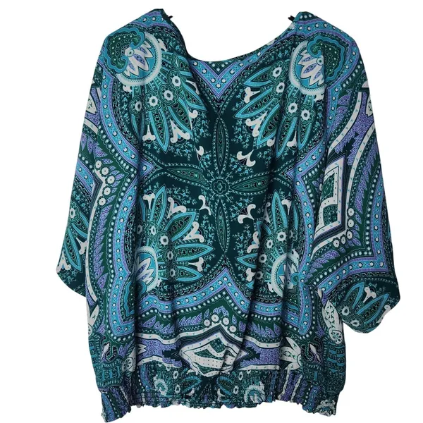 New York & Company Green Floral All Over Print V-Neck Tunic Blouse Top Size XL - Image 2