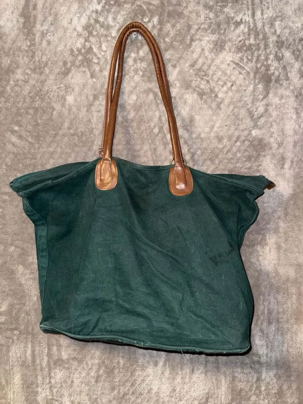Vintage Shane Collection Green Canvas and Brown Leather Tote Travel Bag - Image 7