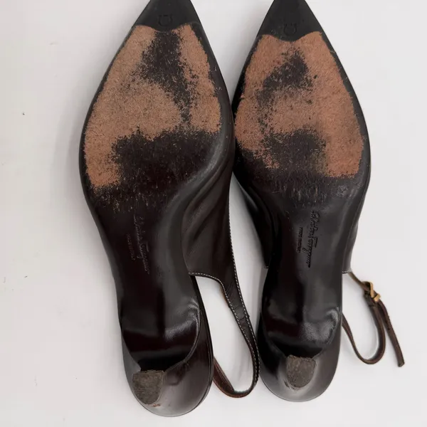 Salvatore Ferragamo Acribia Slingback Kitten Heels Chocolate Brown Gold 7.5 - Image 4