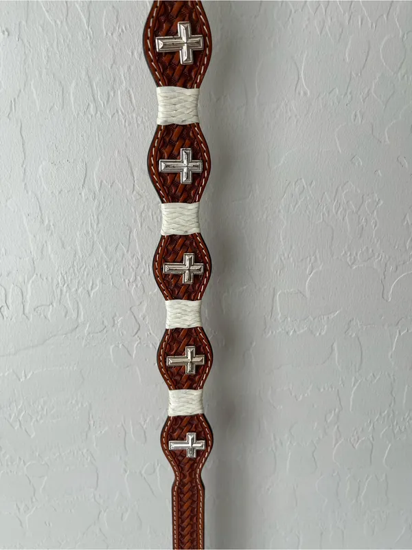 3D DDD Western Leather Tooled Cross Belt Size 36 Tan Brown White Silver - Image 4