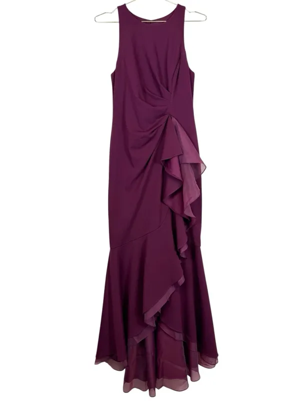 Adrianna Papell High Low Crepe Halter Gown Organza Draping In Cabernet Size‎ 4 - Image 5