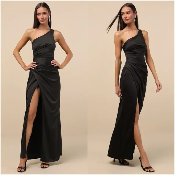 LULU’S Dreaming Of Elegance Black Satin One-Shoulder Maxi Dress - Image 2