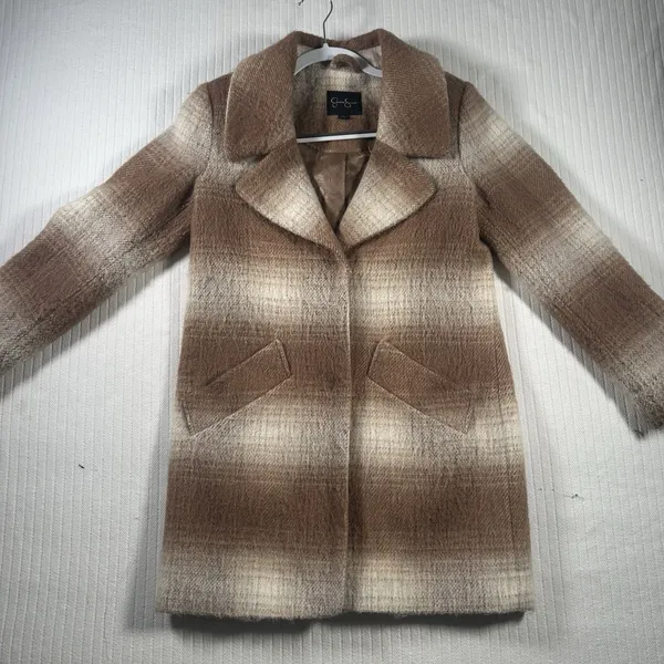 Jessica Simpson Plaid Wool Blend Coat Womens XS Camel Brown Ombre Peacoat Jacket - Image 2