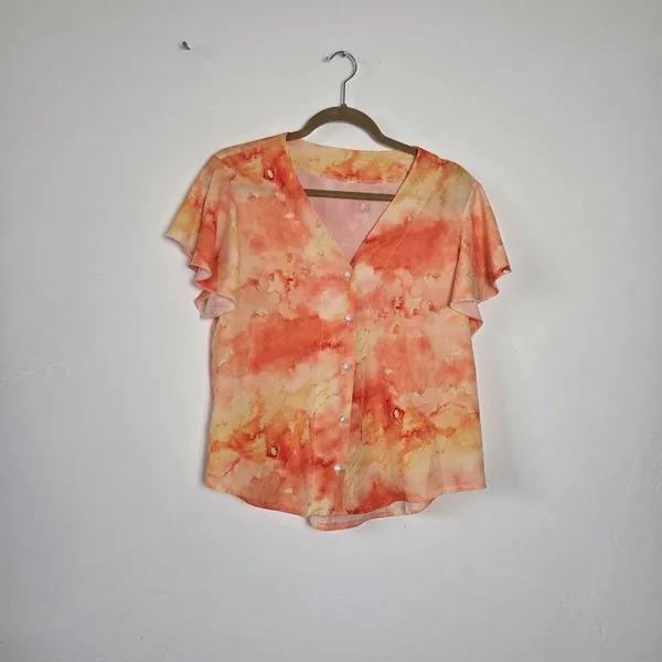 Orange Tie Dye Blouse Top Flutter Sleeves Feminine Fun Summer Hippie Gypsy Large - Image 5