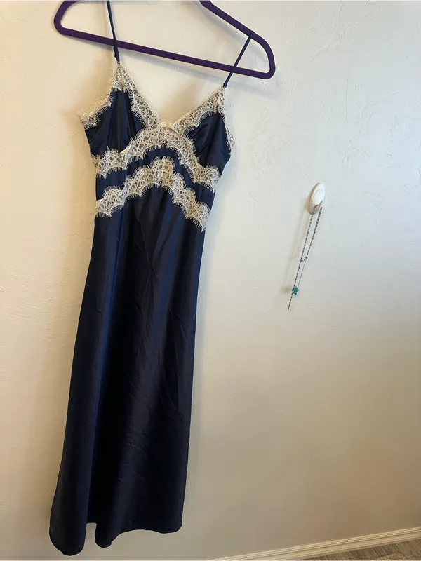 Lace-Trim Satin Slip Dress - Navy - Image 4