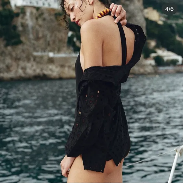 ZARA Eyelet Shirt XS Black Boho Coastal Button Up Embroidered Top - Image 3