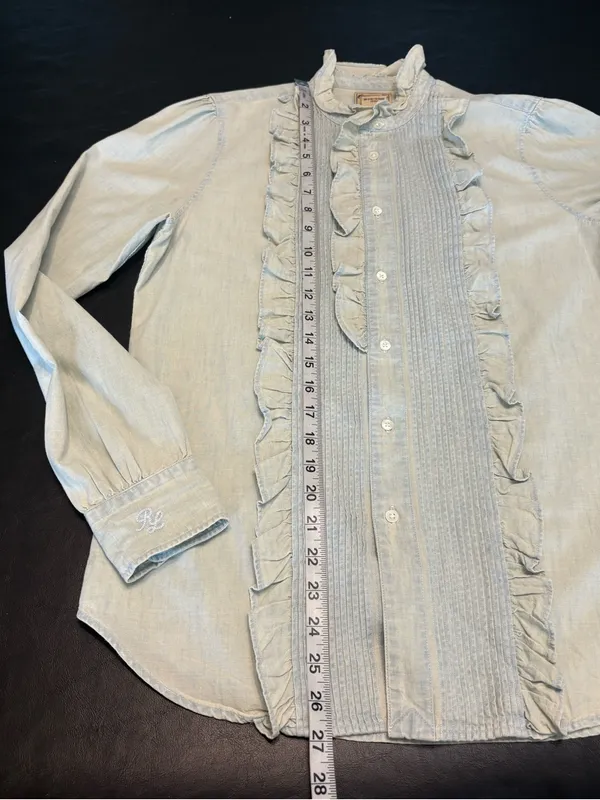Ralph Lauren RUFFLE-TRIM CHAMBRAY Button Up Cotton SHIRT in light denim - Image 12