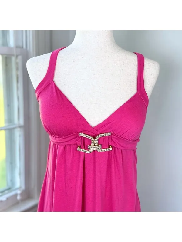 Y2K Vintage Vixen Hot Pink Babydoll Camisole Top Rhinestone Buckle Small McBling - Image 5