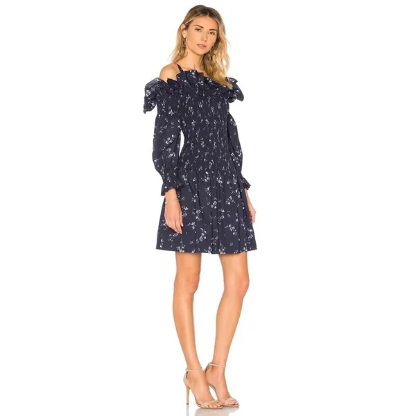 Revolve REBECCA‎ TAYLOR Francine Off Shoulder Dress Floral Smocked Navy Blue 0 - Image 4