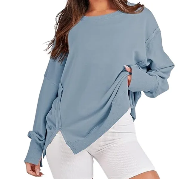 NWT ~ Women's Oversized Light Blue Hi-Lo Tunic Sweatshirt Raw Edge ~ Small - Image 2