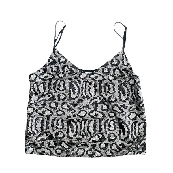 GILLI Sequin Leopard Print Crop Tank Top Camisole Black Silver Adjustable Size M - Image 4