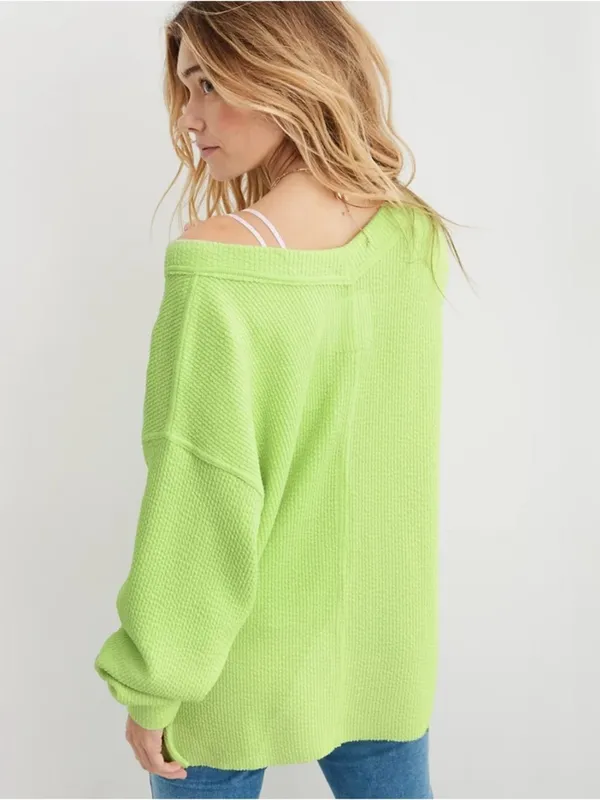 Aerie Wonder Textured V-Neck Sweatshirt Green Glow Oversized Loungewear Neon - Image 2