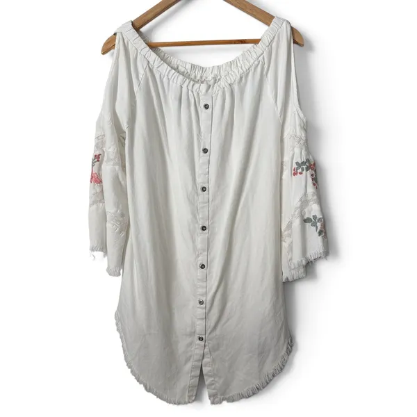 Standard Grace White Boho Embroidered Lace Tunic Off Shoulder Bell Sleeve Small - Image 2
