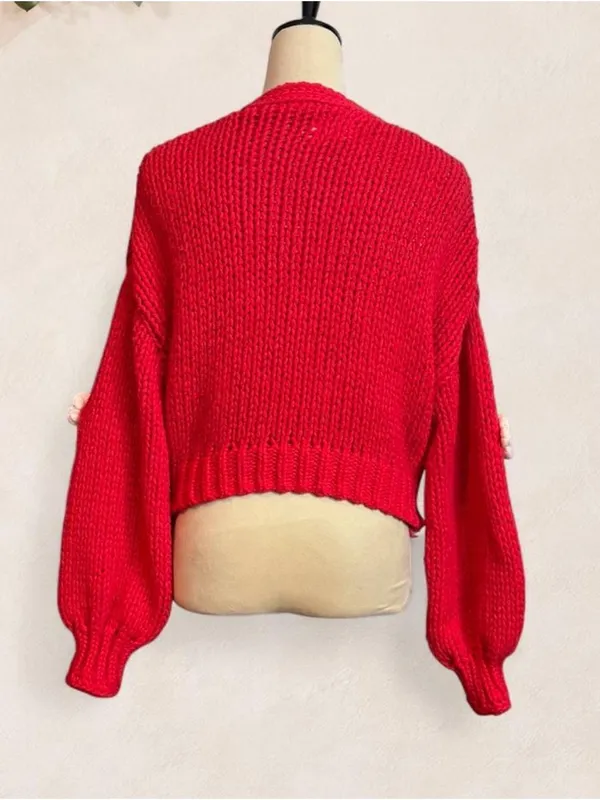 Red V-Neck Floral Appliqué Knit Cardigan Sweater - Image 6