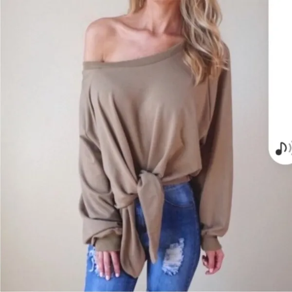 Nude Mocha Brown Velvet Tie Front Oversized Long Sleeve Crop Top Size S - Image 11