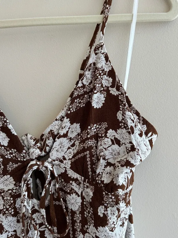 Paper Heart Anthropologie Chocolate Brown Floral Linen Maxi Dress, Size Large - Image 10