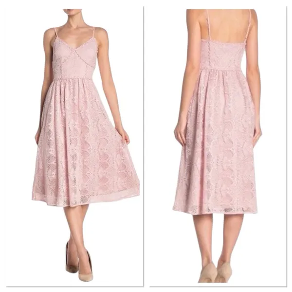 NSR Blush Pink Midi Fit‎ & Flare Lace Crochet Dress Size XL Sleeveless Floral - Image 2