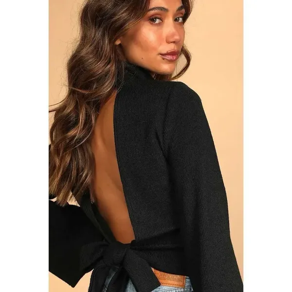 ✨Lulus Baby Got Backless Black Mock Neck Tie-Back Sz Medium Sweater✨ - Image 3
