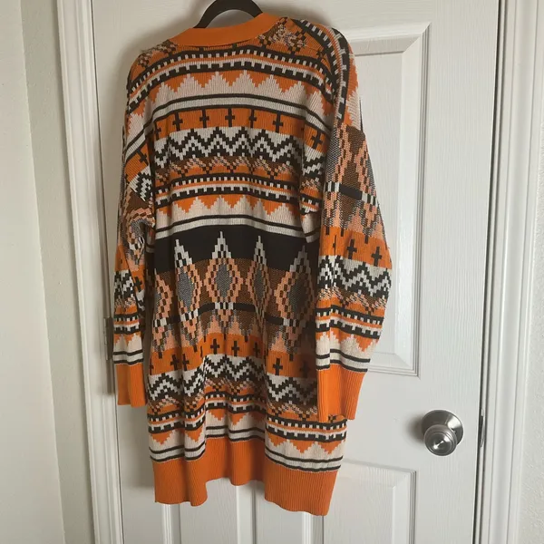 Serra Aztec Southwestern Geometric Open Front Cardigan Orange Black XL - Image 8