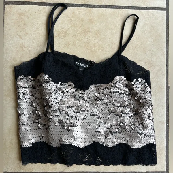 Express black lace gold sequin cropped cami top - Image 9