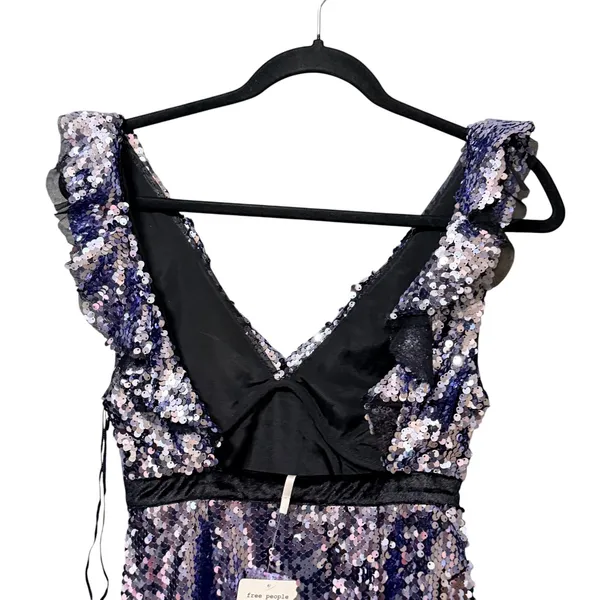 Free People Silver Blue Sequin Mini Dress V-Neck Open Back Ruffle Size 0 NEW - Image 6