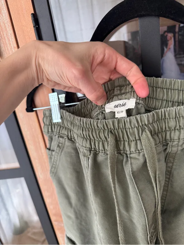 Aerie olive fun Village Cargo Pants jeans drawstring pockets wide leg mid rise - Image 5