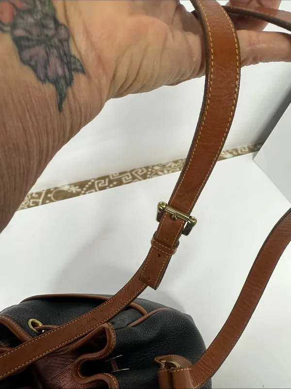 Dooney & Bourke Black Pebbled Leather Drawstring Bucket Bag with Tan Trim - Image 9