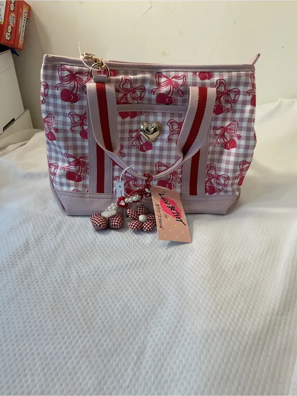 Pink Cherry Plaid Shoulder Bag with Red Accent Straps - Image 2