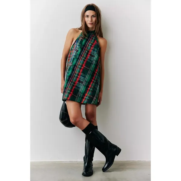 Free People Retro Plaid Cityscape Mini Dress Size Medium Grunge Punk Preppy - Image 5