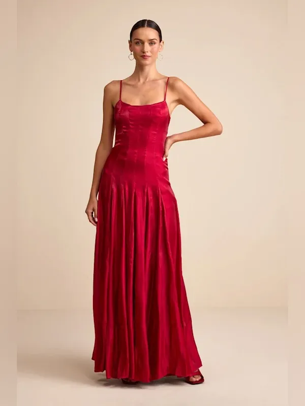 Lulu’s Berry Red Organza Pleated Drop Waist Maxi Dress Small - Image 2