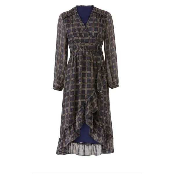 Anthropologie‎ dRA Cicero Wrap Asymmetric Dress Ruffle Plaid Boho Blue - Large - Image 3