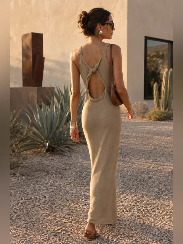 Anna Grace Tan Ribbed Knit Maxi Dress M Open Cutout Knot Back Made in USA - Image 2