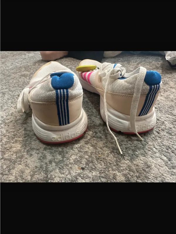 adidas Women White Sneakers with Pink Stripes and Blue Collar - Image 3
