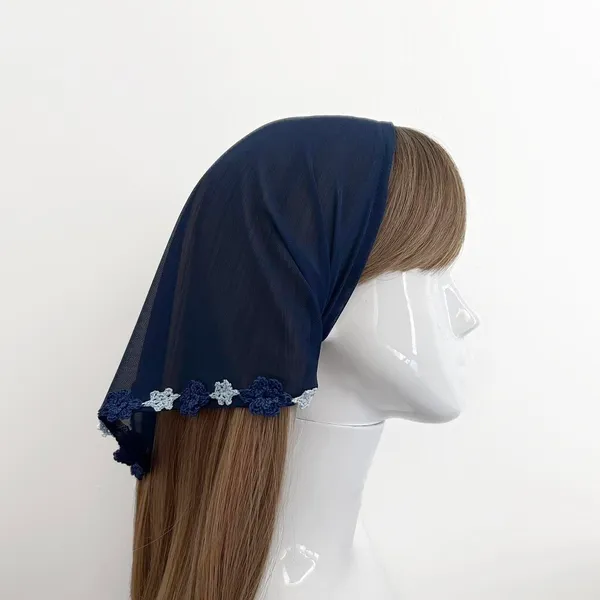 Indigo Blue Mesh Crochet Trim Triangle Headband –Elastic Boho Hair Scarf – Cottagecore Headband for Women – Festival Hair Accessory - Image 2