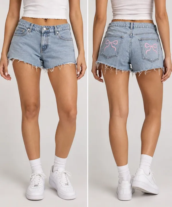 Edikted Size L Light Wash Denim Shorts Pink Bow Y2K Coquette Cutoff - Image 2