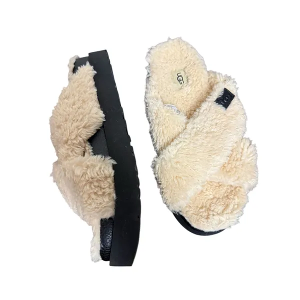 UGG Fuzz Sugar Cream Black Cross Platform Slip On Slide Slippers Women’s Size 9 - Image 4