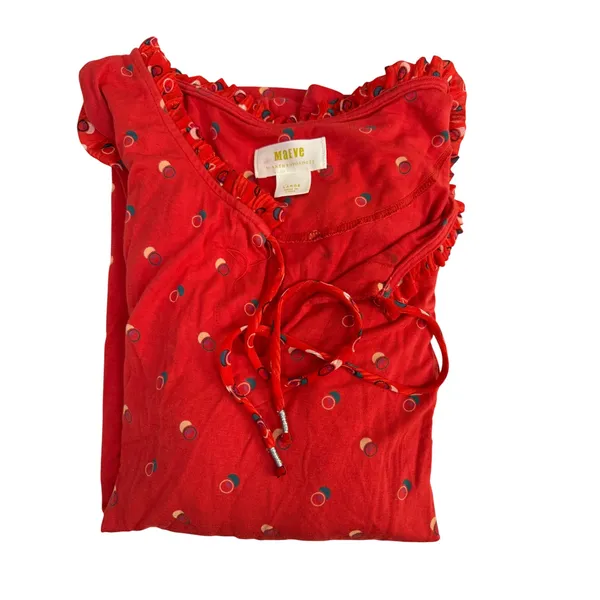 Maeve Anthropologie Red Geometric Print Ruffle Tie Neck Balloon‎ Sleeve Blouse L - Image 4